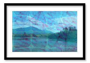 Superimposing molecular network graphic over mountain lake, with pebble shoreline and pine forest