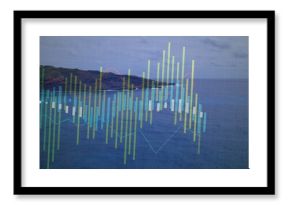 Displaying translucent chart across coastline with multicolored bars, red cyan lines and grid