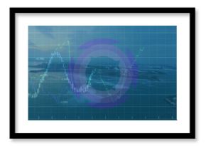 Financial chart hovering coastline at dawn, with grid digital line graph bars percentages highlight