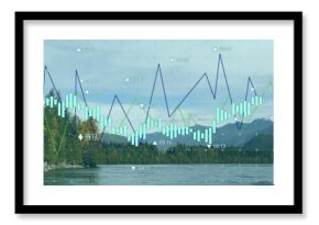 Displaying translucent financial data overlay across mountain lake scene, with bars and line graphs