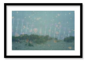 Dune pathway winding through grass clumps on beach, with grid overlay, currency circles, data bars