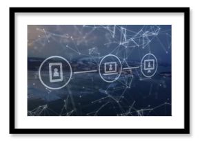 Displaying three circular user profile icons linking over sea at dusk, with network mesh overlay