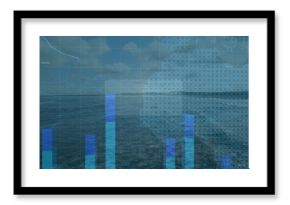 Displaying ocean stretching toward horizon in open sea, with translucent bar charts and line graphs