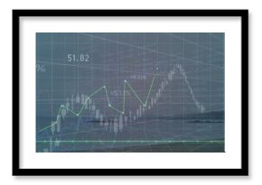 Floating chart showing candlestick bars and line graph above sea with grid plane, percentage labels