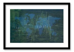Displaying blue world map overlaying rippling lake water, with green yellow bars and numeric labels
