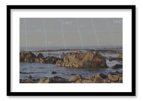 Displaying rocks rising from rocky seashore with tide pools, grid, numeric coordinates