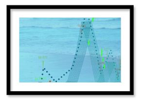 Overlaying translucent data visualization over beach shore and sea, dotted curve with bar charts