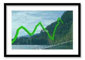 Charting green zigzag line graph over translucent grid on lake and forest view, showing data labels