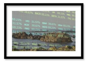 Displaying rocky coastline beneath translucent grid overlay at shore, with stock ticker codes