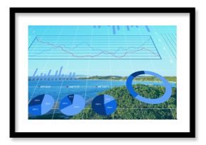 Floating blue ring chart hovering over lake and shrubs, showing grid, line, bar and pie charts