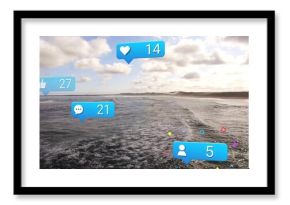 Displaying rolling ocean waves at beach, featuring bright blue social media engagement icons