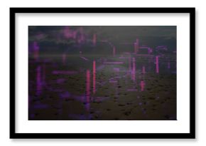 Displaying wet beach reaching calm sea on coast, with scattered footprints and neon glitch overlays