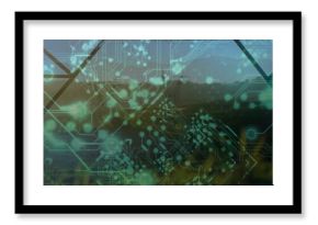 Displaying cyan-green circuit traces and nodes over calm lake at sunrise, with diagonal grid lines