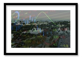 Showing jagged rock formations revealing tidal pools on coastline, with floating financial graphics