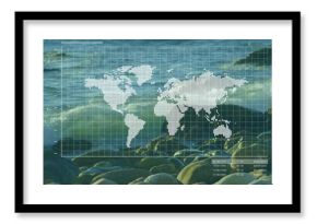 Displaying clear grid overlay showing world map with timestamp entries and hex codes at rocky beach