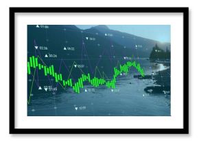 Overlaying translucent data on rocky lake shore at dawn, with green bars purple and yellow lines
