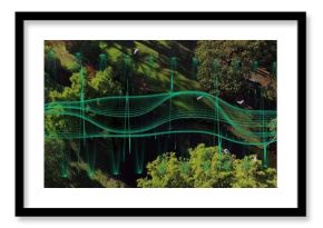 Floating green digital waveforms in park clearing, showing small pond amid dense trees, white birds