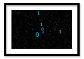 Flowing grey-white streaks mimicking code rain across virtual screen, with glowing cyan binary bits