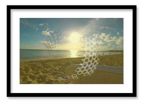 Surfboard lying on golden sand at beach near beachgoers, with hexagonal overlays hovering