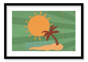 Beach graphic showcasing orange sun, islet, palm, blue wave, vertical BEACH VIBES on green halftone