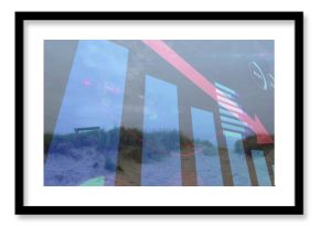 Overlaying translucent data with bar charts tinting dune path, showing red falling arrow and bench