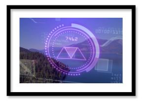 Floating translucent purple circular HUD overlay displaying dotted ring prism 7462 over alpine lake