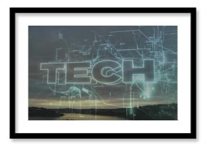 Projecting translucent neon-outline TECH wordmark with holographic circuits across river at dusk
