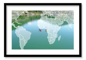 Paddling two kayakers across calm green lake with colorful kayaks, life jackets, world map overlay