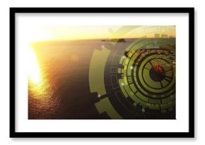 Displaying circular HUD overlay hovering over coastal settlement during sunset glare, copy space