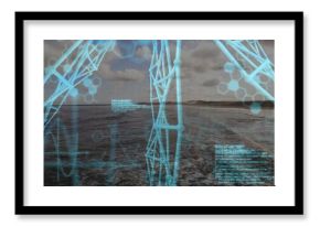 Displaying ocean wake moving toward right coastline at sea, showing cyan wireframe and hexagons