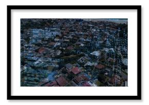 Showing high-altitude coastal neighborhood, displaying detached houses, parked cars, code overlay