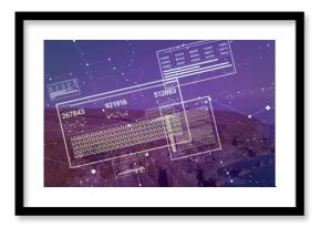 Displaying AR HUD panels overlaying coastal cliffs at dusk, with keyboard grid and ID codes