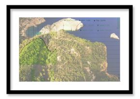 Image of charts processing data over sunny sea and coastline