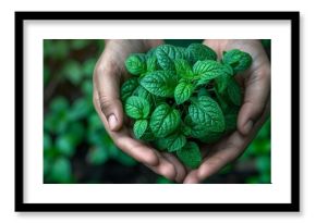 A pair of business hands holding green plants together symbolizes a green business enterprise. Agriculture and collaboration in a green enterprise. Organization and ecosystem development cooperation.