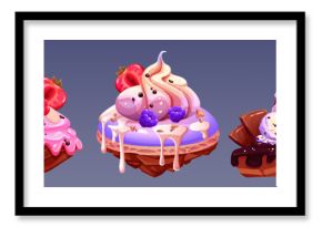 Floating candy island with chocolate for fantasy game world. Sweet cake and marshmallow mountain landscape isolated on background. Magic colorful flying cream rock with strawberry 2d environment