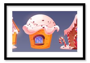 Candy land house made of cupcake with cream, chocolate cookies and pastry with caramel and icing decoration. Cartoon vector illustration set of fantasy sweet dessert home. Confectionery buildings.