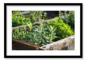 Close up of fresh medicinal herbs,  in wooden raised bed in garden