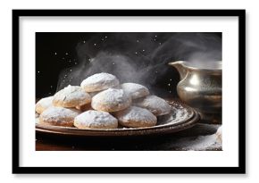 Delicate Eid Sweets with Tea: Celebratory Maamoul Cookies and Powdered Sugar on Kahk