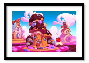 Candy land with fantasy sweet dessert houses, chocolate river and pink jelly banks. Cartoon vector landscape of cute fantasy fairy sugar world with home made of cake and cookie, caramel and ice cream.