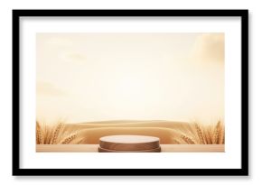 Shavuot-themed design and product display with empty wooden podium on wheat field background.