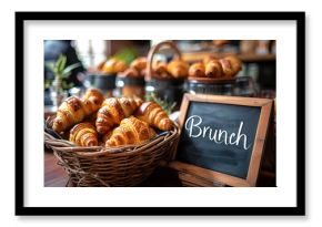 Freshly baked croissants in a wicker basket with a Brunch signboard in a cozy cafe atmosphere, inviting for a weekend gourmet experience