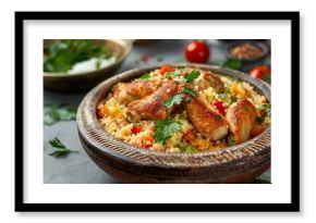 A close-up of a flavorful couscous dish paired with succulent grilled chicken, garnished with fresh parsley.