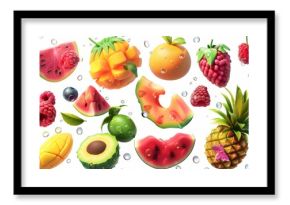 There are many juicy and fresh fruits in this set, including watermelon, pineapple, raspberry, tea, and dew drops. 3D modern realistic set in high quality 50MB EPS.