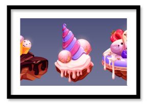 Dessert game floating islands. Cartoon vector set of sweet confectionery on flying platform. Pieces of fantasy fairytale candy land with ice cream and chocolate, macaroon with berries and swirl creamy