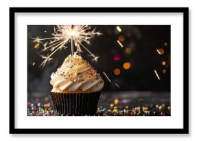 Happy birthday party celebration congratulation greeting card banner long - Cup cake with sparkling sparkler, isolated on dark black table background