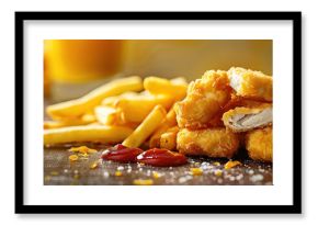 professional food photography: chicken nuggets with fries, soft pastel, lots of copy space