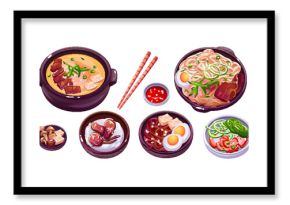 Traditional Korean food set isolated on white background. Vector cartoon illustration of asian dishes with spicy meat, eggs, vegetables and noodles in bowls, wooden chopsticks, restaurant menu icons