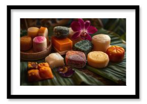 Elegant photo of Sinhalese sweets "Kavum," "Kokis," "Athirasa" on a banana leaf, celebrating New Year. Natural background.