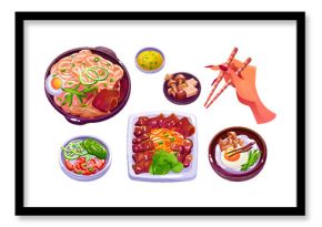 Korean food icon. Asian rice meal cartoon vector. Korea noodle, pork and meat dish isolated menu set. Cooked delicious bulgogi. Plate with mushroom, salad and stick in hand. Asia restaurant drawing