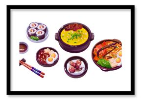 Traditional korean food in plates and bowls with chopsticks. Cartoon vector illustration set of oriental meals for dinner. Asian restaurant cuisine delicious cooking. Popular spicy cooked snack.